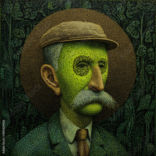 Portrait of man with green skin and mustache, wearing cap and suit, surrounded by leafy background