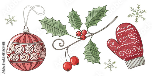 Festive Christmas ornament, holly berries, mitten, and snowflakes evoking holiday cheer and seasonal celebration, originally vector graphics