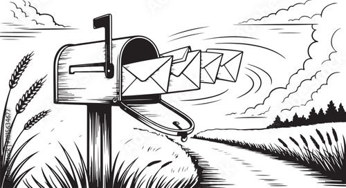 Rainy Mailbox Line Art | Raindrops, Wet Landscape & Nature Outline Scene