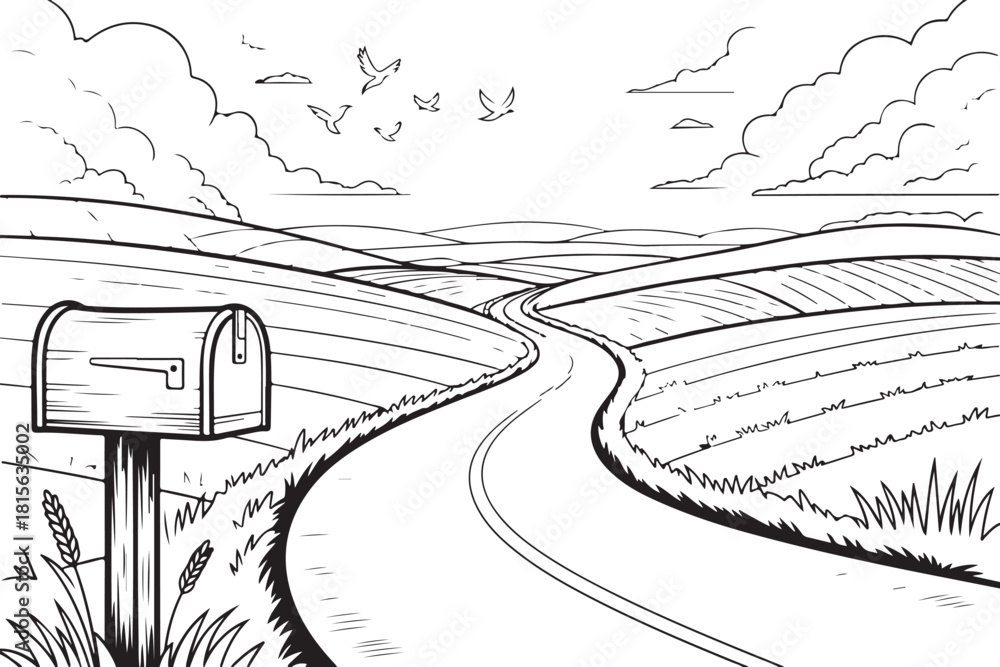 Obraz premium Countryside Road & Mailbox Line Art | Peaceful Rural Landscape Illustration