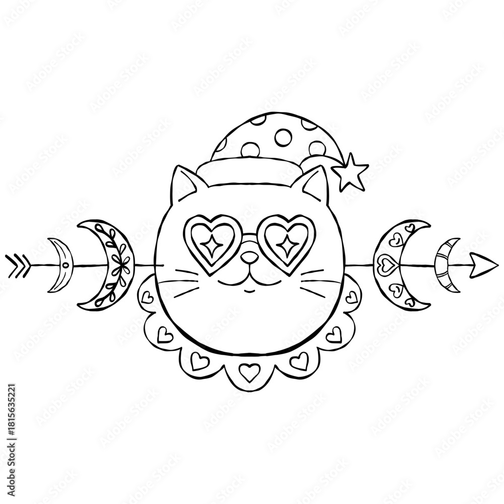 Obraz premium christmas Cute cartoon cat with heart-shaped glasses and playful moon motifs.
