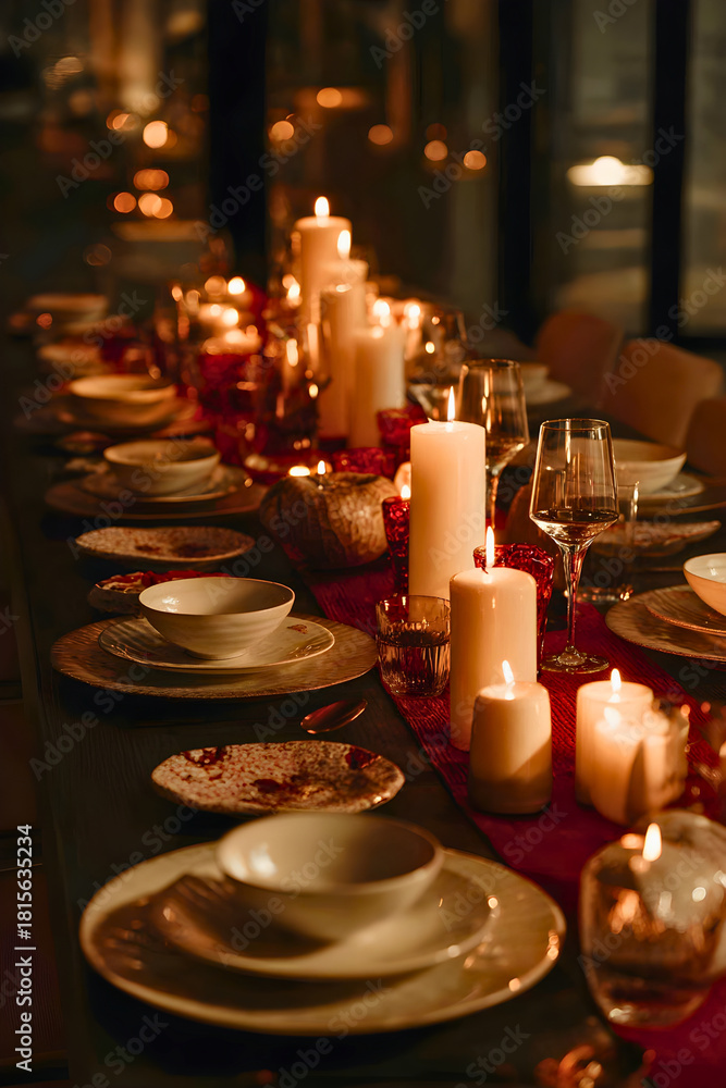 Obraz premium Elegant candlelit dinner table setting with warm glowing light and festive atmosphere