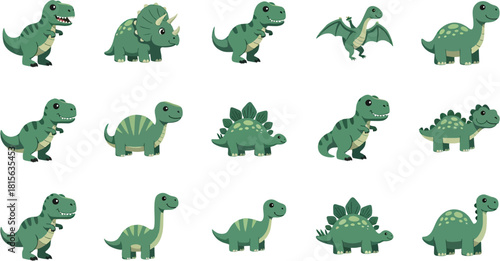 Cute Cartoon Dinosaurs Set, T-Rex, Triceratops, Stegosaurus Collection
