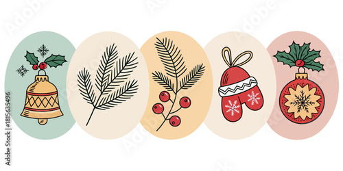 5 doodle icons including a jingle bell, pine branch, and ornament in a cute, simple, and clean festive vector style.