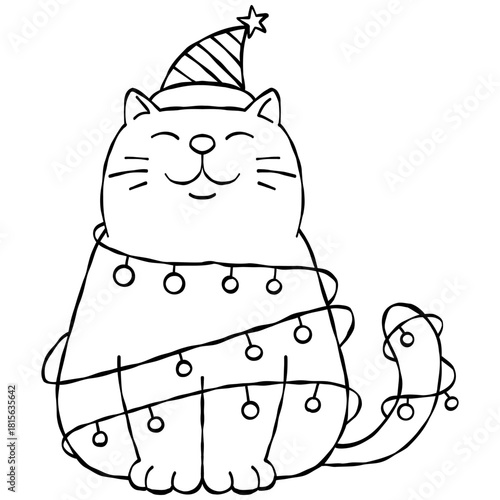 Christmas cat wearing a hat and wrapped in cartoon lights.