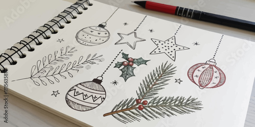 Festive hand-drawn Christmas ornaments with stars, holly, and pine on a sketchbook page create a cozy holiday mood