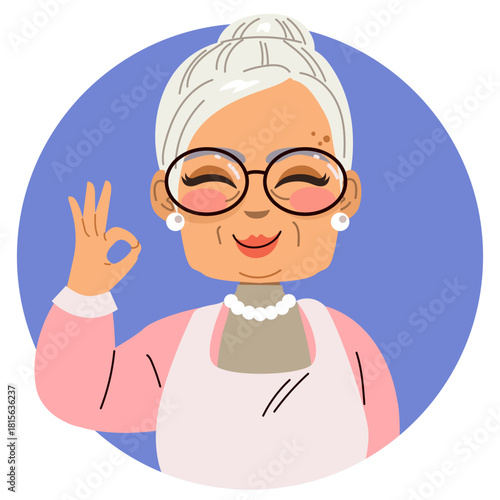 Charming cartoon vector illustration of an elderly grandmother making an OK sign with her hand. Clip art for senior wellness content, family themes, care giving and positive gesture concepts
