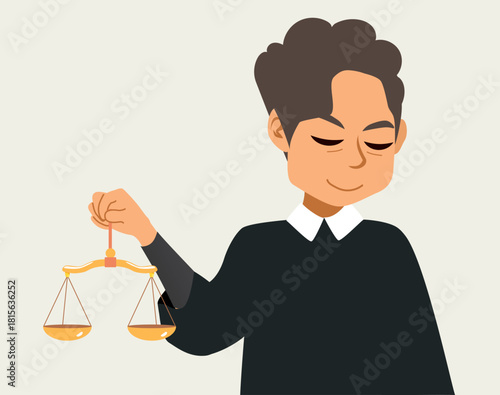 Professional cartoon vector illustration of a confident judge holding a justice scale. Drawing for legal services and business presentations