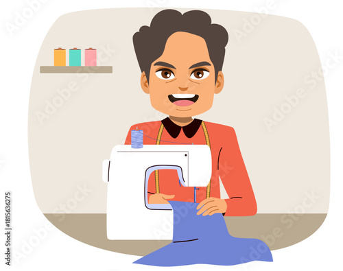 Cartoon vector illustration of a Latin American man sewing with a sewing machine. Drawing for content about tailoring, craftsmanship and handmade textiles