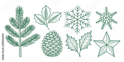 Festive evergreen foliage, pinecone, snowflakes, and star creating a joyous winter holiday season mood with an elegant design feel