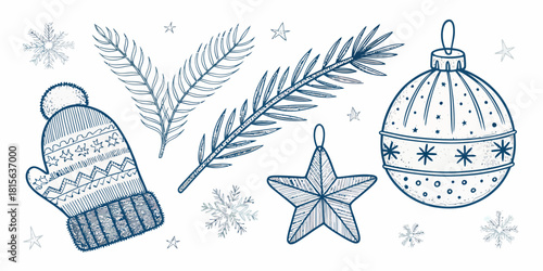 Cozy winter holiday spirit with hand-drawn mittens, ornaments, snowflakes, and pine branches for festive designs and joyful creations
