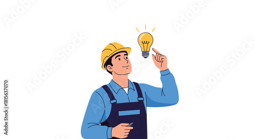 Male construction worker or engineer in a hard hat and overalls having a bright idea, symbolized by a glowing lightbulb he is touching.