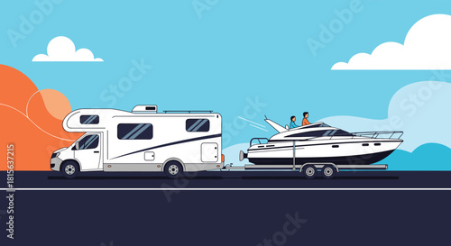 White recreational vehicle or campervan towing a luxury motorboat on a trailer, driving on a highway for a summer vacation adventure.
