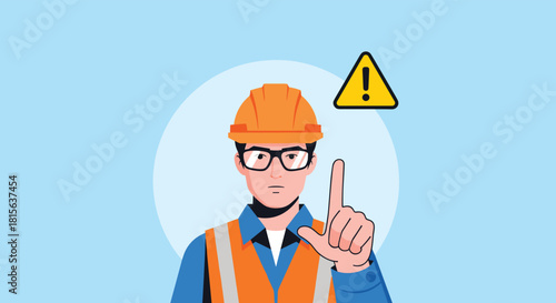 Serious construction worker in a hard hat and safety vest points a finger up as a warning, with a yellow exclamation mark sign nearby.