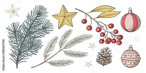 Elegant holiday cheer with hand-drawn Christmas ornaments and evergreen branches for festive seasonal designs and crafts, originally vector