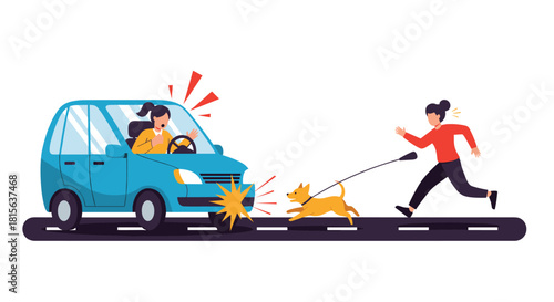 Dangerous road accident scene with a car about to hit a dog on a leash, as the shocked female driver and panicked owner react.