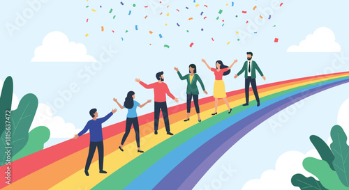 Happy and diverse group of business people celebrating success and unity, walking together on a rainbow path under colorful confetti.