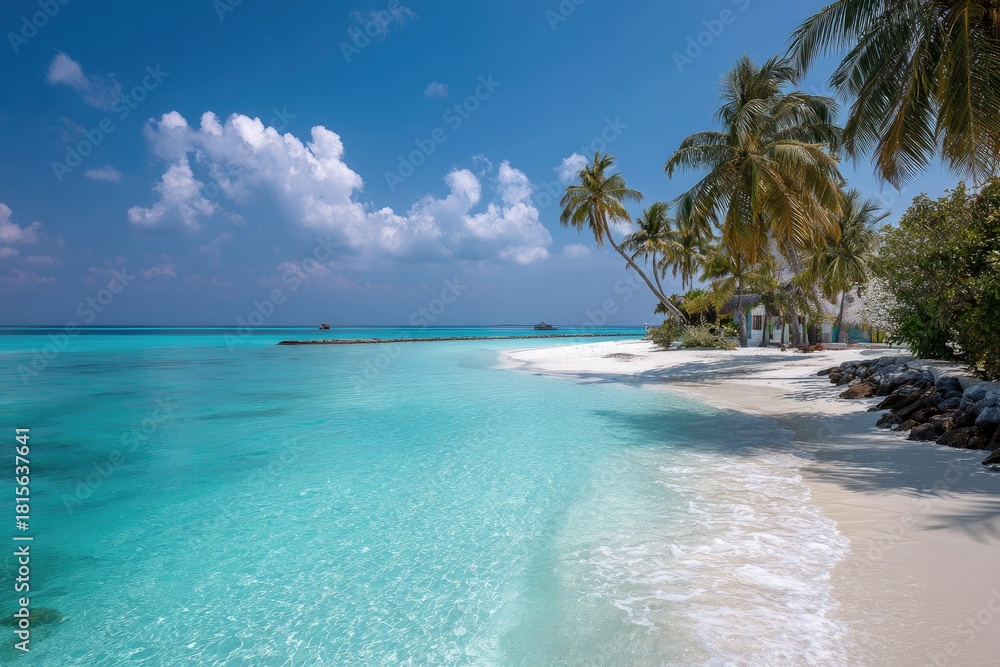 Fototapeta premium A tropical scene shows clear turquoise water lapping a white sand beach under a bright blue sky