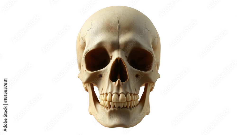 Fototapeta premium Anatomical human skull front view showing teeth and eye sockets isolated on white background