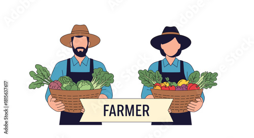 Male and female farmers in hats and aprons proudly holding baskets of fresh, colorful vegetables from a successful harvest.
