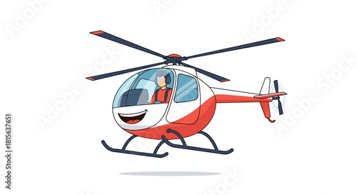 A cheerful red cartoon helicopter with a large smiling face and a happy pilot flying, isolated on a clean white background.