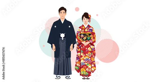 Elegant Japanese couple dressed in traditional wedding kimonos, the man in a black montsuki and the woman in a colorful furisode.