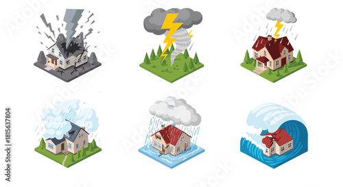Isometric icon set showing houses damaged by various natural disasters like floods, tornadoes, tsunamis, and lightning strikes.