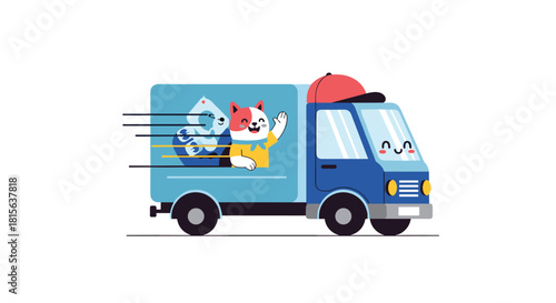 Cute cartoon cat character wearing a cap and waving from a speeding blue delivery truck, representing fast and friendly service.