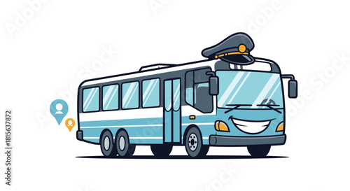 Friendly cartoon public bus with a smiling face and a driver's cap, representing cheerful and reliable city transportation services.