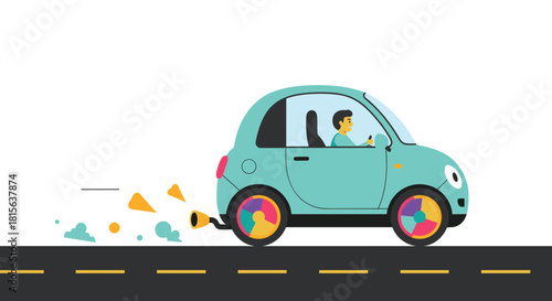 Person driving a small, quirky green car with colorful wheels, emitting playful shapes from its exhaust pipe on a paved road.