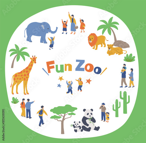 動物園の動物と楽しむ人々　家族　子供　円形構成