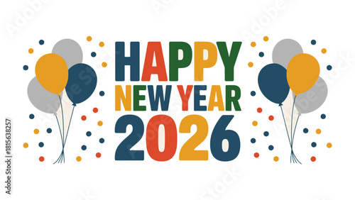 Joyous New Year 2026: An illustrated depiction, bursting with vibrancy, announces the arrival of 2026, combining festive balloons and confetti to convey the essence of celebration and new beginnings.