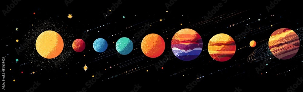 Fototapeta premium A stylized graphic depicts a planetary system, featuring the sun, several planets, and celestial bodies against a dark backdrop