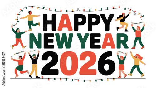 Happy New Year 2026 Celebration: A vibrant illustration shows people stringing colorful lights around the text Happy New Year 2026, creating a festive atmosphere for the upcoming celebration.