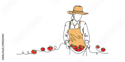 Minimal line-art illustration of a female farmer holding fresh tomatoes in her apron, symbolizing organic farming, local produce, sustainable agriculture. Clean, modern vector style ideal for banners