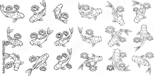 A serene collection of swimming koi fish accompanied by delicate lotus flowers in various harmonious arrangements