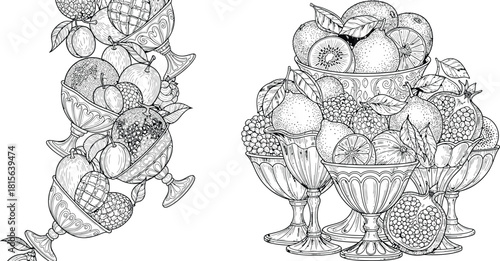 Abundant tropical and common fruits overflowing from decorative bowls and elegant goblets