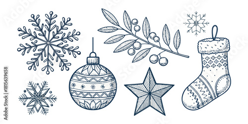 5 hand-drawn icons including a snowflake, ornament, and stocking in a cute, simple, and clean festive vector style.