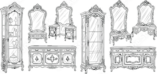 Collection of detailed hand drawn vintage furniture including display cabinets, ornate mirrors, and sideboards