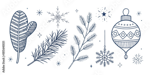 Elegant winter holiday elements for festive designs, ornaments, snowflakes, and foliage create a magical seasonal atmosphere