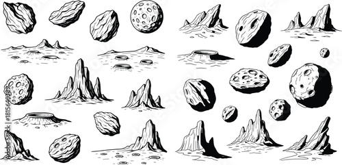 Collection of various space rocks, asteroids, meteors, and lunar landscapes with craters in a monochrome line drawing style