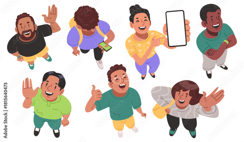 Fototapeta premium Top down view of young happy smiling people on a white background. Vector illustration