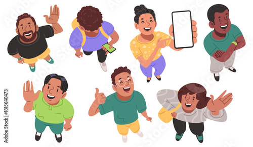 Top down view of young happy smiling people on a white background. Vector illustration