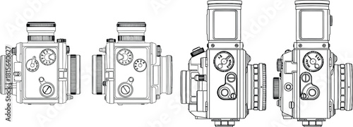 Detailed line illustration of four vintage twin lens reflex cameras from different perspectives