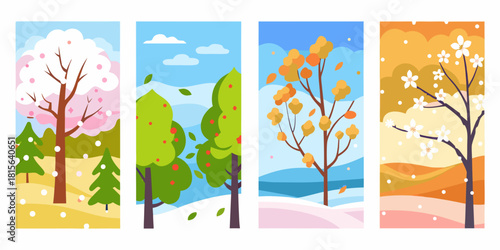 Four seasons landscape with trees and foliage in spring summer autumn winter