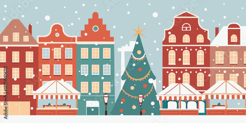 Festive christmas market in a european town with snowfall and colorful buildings