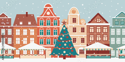 Festive christmas market scene with colorful buildings and snowfall