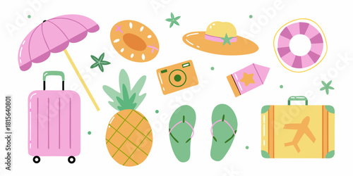 Summer vacation and travel items illustration on white background
