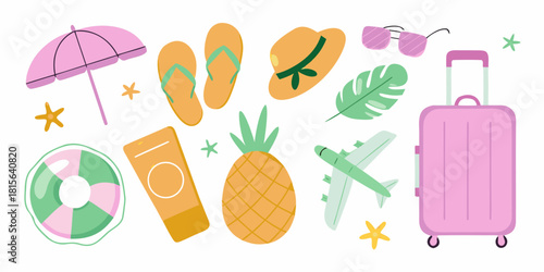 Summer vacation flat lay with beach accessories and travel items illustration