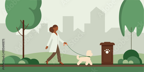 Woman walking dog in park with city skyline in background